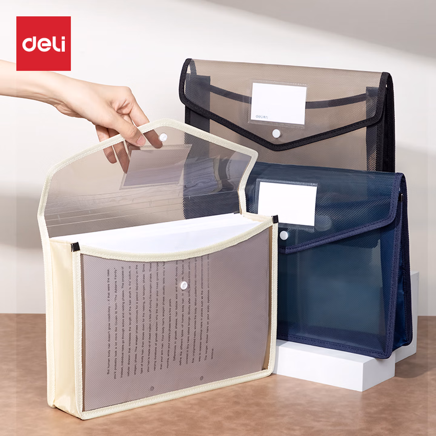 得力（deli）得力2只A4按扣学生桌面文件袋 考试试卷收纳开学学科分类办公用品塑料防水 学习办公用品PP305_白