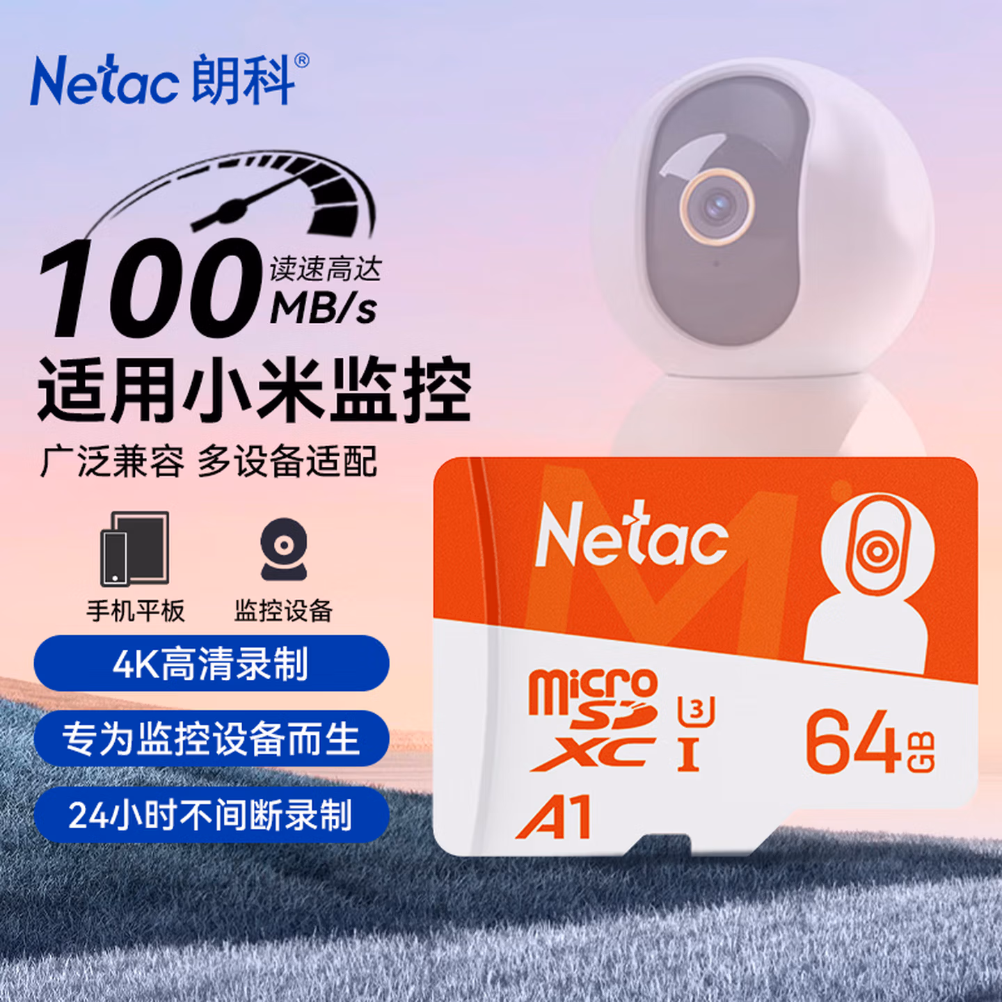 朗科（Netac）64GB TF（MicroSD）存储卡 A1 U3 4K 适配小米监控摄像头&行车记录仪内存卡 专业监控pro版