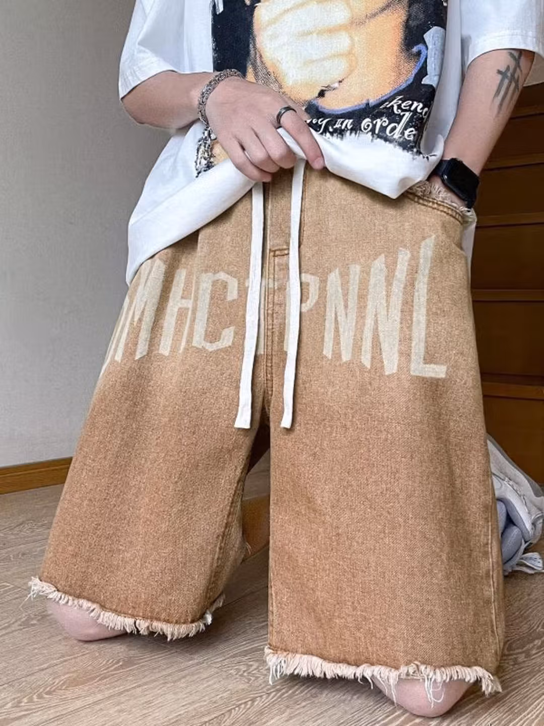 Rough Edge Gradual Change Denim Shorts Men's Summer Loose Straight Wide Leg Five-point Pants American Retro Ruffian Handsome Pants, Brown 2XL_mkmklike.com