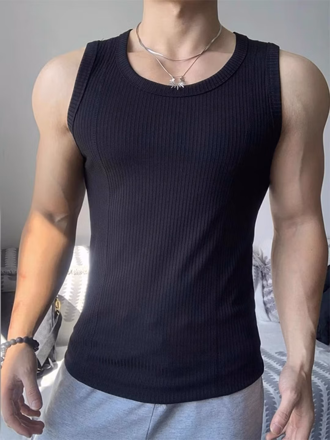 Ice Silk Threaded Vest Men's Summer Slim Fit Muscle Sleeveless T-Shirt American Fitness Undershirt, White XL_viptrois.com