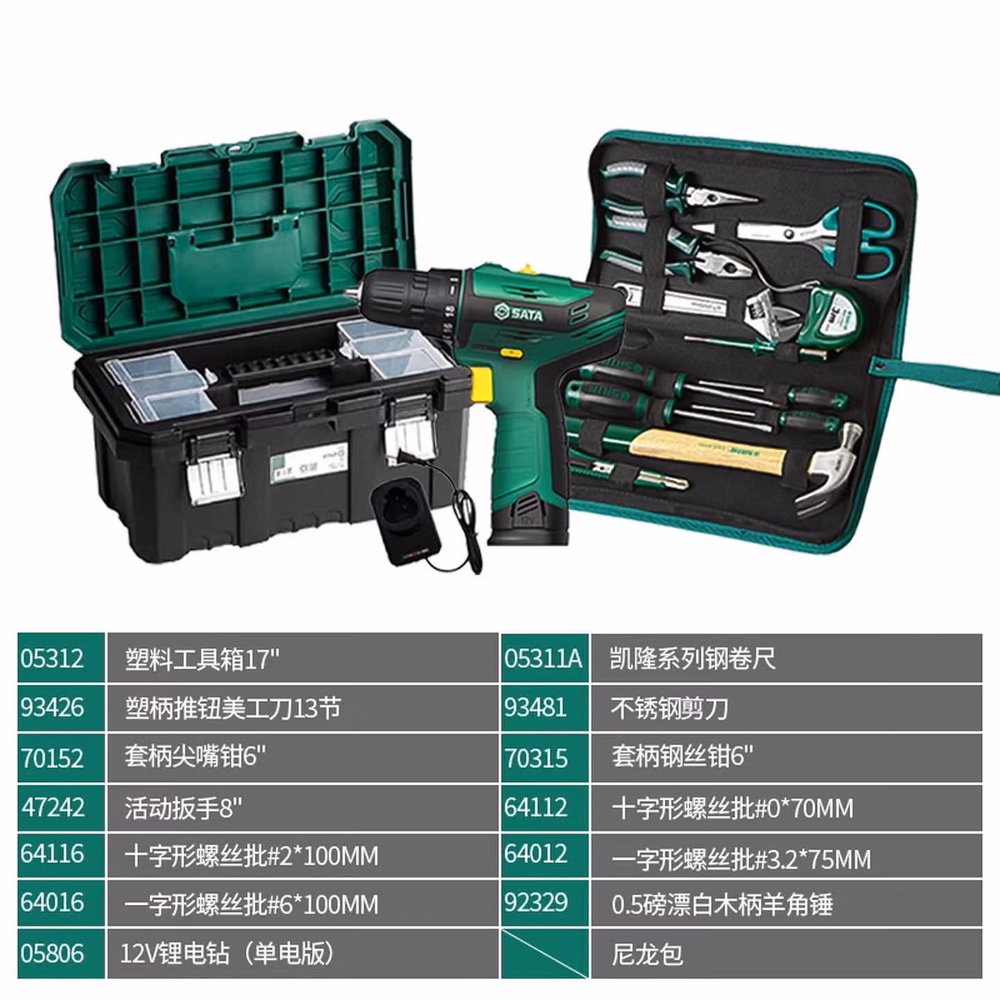 世达（SATA）家用电钻电动螺丝刀锤子电笔老虎钳剪刀套装工具箱全套