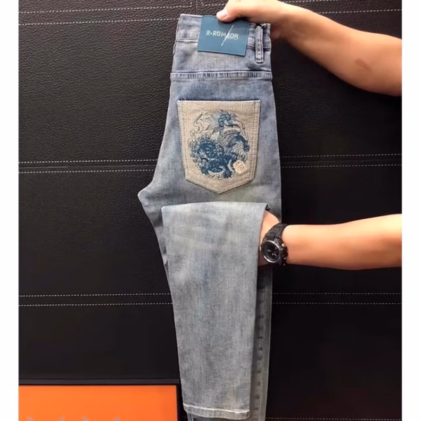 High-end Light Luxury Embroidered Jeans Men's Summer New Fashion Versatile Slim-fit Small Straight Elastic Nine-point Pants, Blue Recommended 140-75kg_viptrois.com