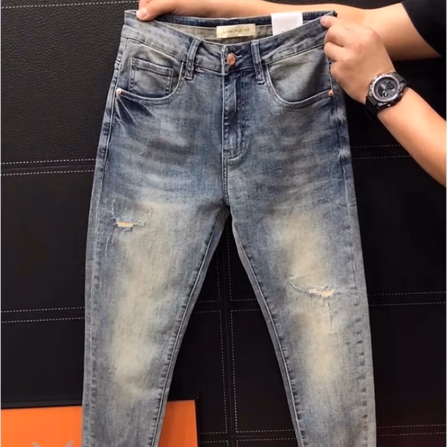 High-end Light Luxury Embroidered Jeans Men's Summer New Fashion Versatile Slim-fit Small Straight Elastic Nine-point Pants, Blue Recommended 140-75kg_viptrois.com