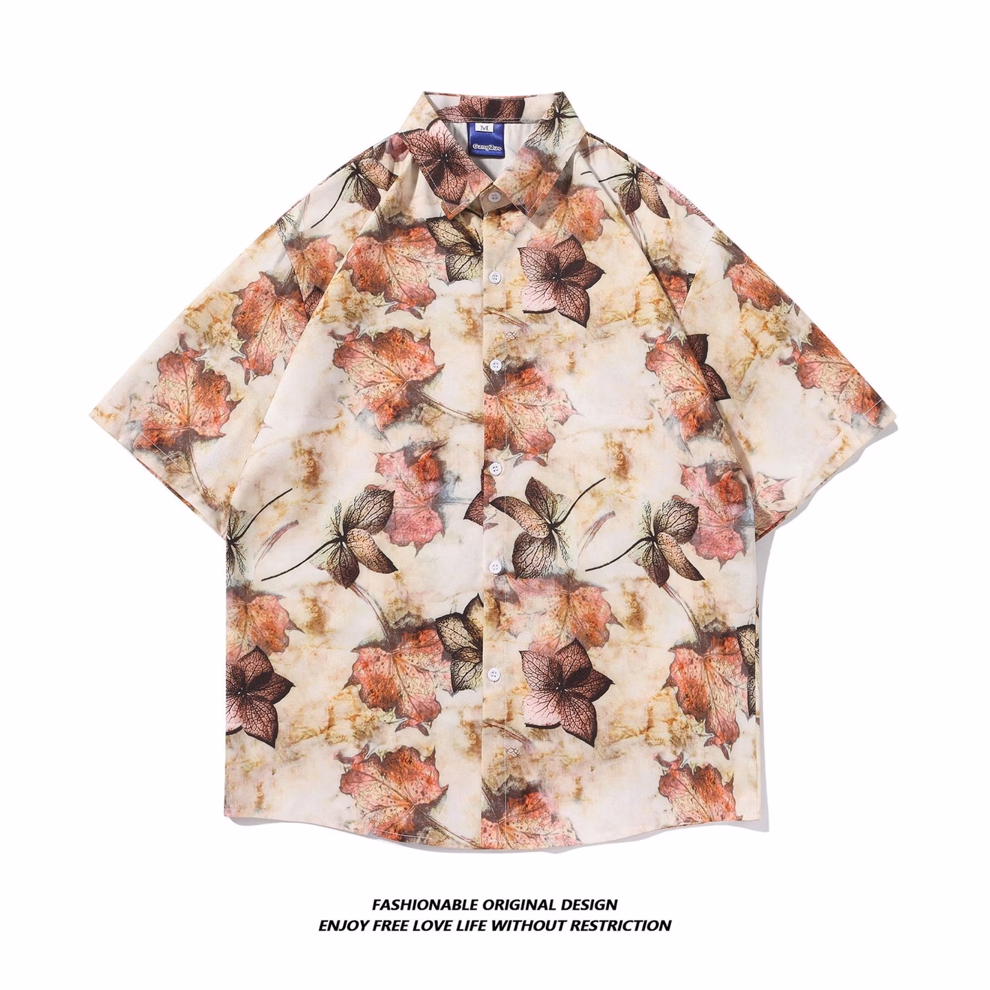 High-end Beach Short-sleeved Shirt For Men And Women, Loose And Thin In Summer, Hawaiian Beach Floral Five [KZD] 5122 Red M_viptrois.com