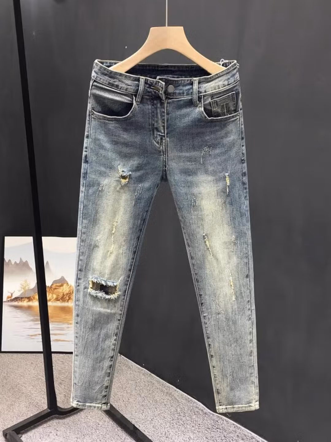 Summer Ripped Jeans Men's Korean Version Trendy Slim-fitting Pants Elastic Versatile Retro Old Casual Nine-point Pants, Main Picture Color 28_viptrois.com