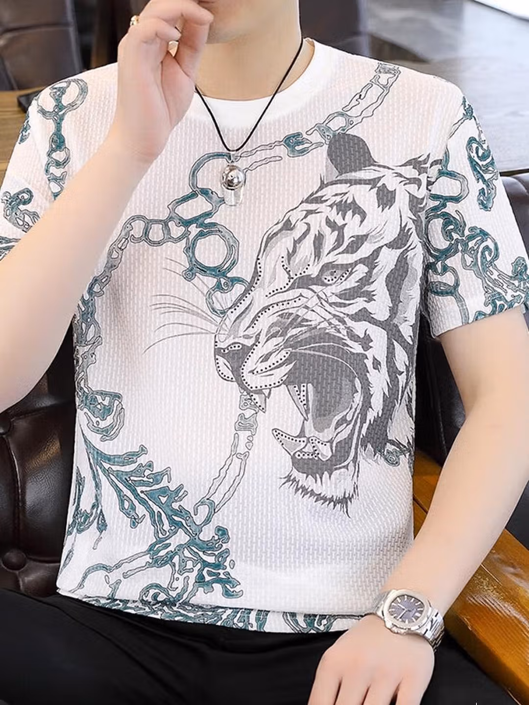 High-end Short-sleeved T-shirt Men's Thin 2026 New Round Neck Loose Large Size Trendy Ice Silk Half-sleeved Tiger Head Top_viptrois.com