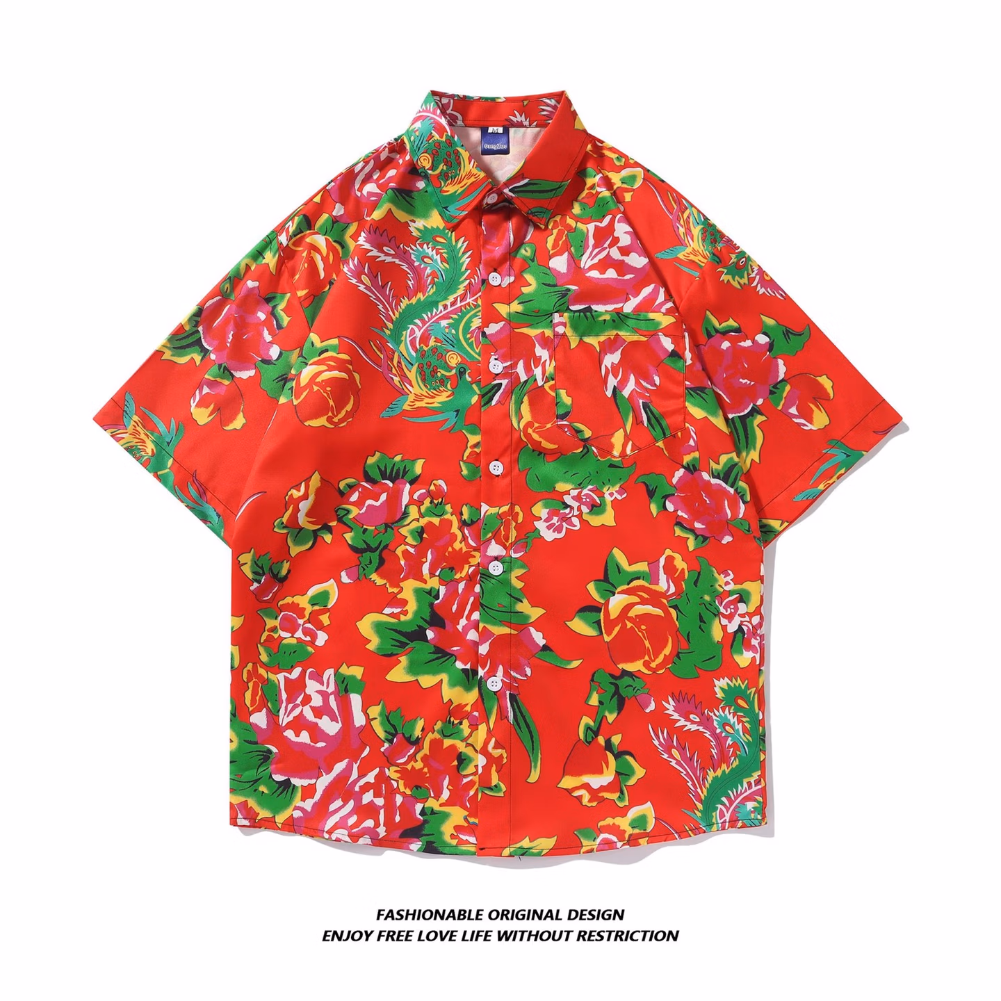 High-end Beach Short-sleeved Shirt For Men And Women, Loose And Thin In Summer, Hawaiian Beach Floral Five [KZD] 5122 Red M_viptrois.com