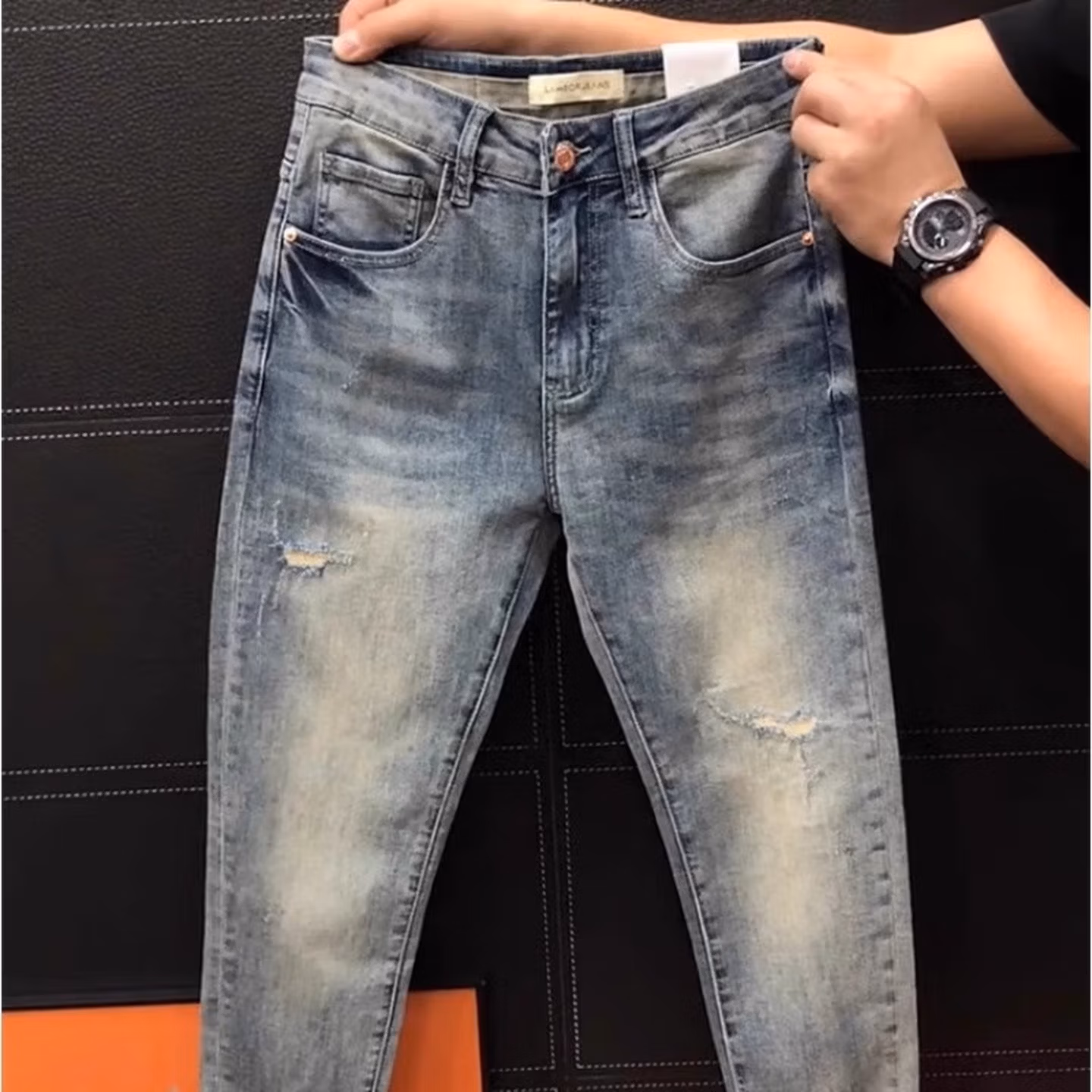 High-end Light Luxury Embroidered Jeans Men's Summer New Fashion Versatile Slim-fit Small Straight Elastic Nine-point Pants, Blue Recommended 140-75kg_viptrois.com