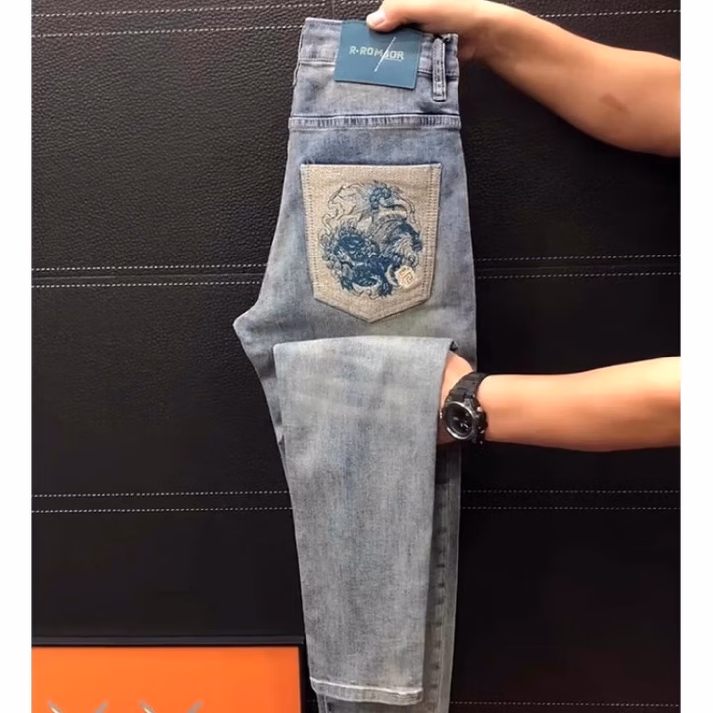 High-end Light Luxury Embroidered Jeans Men's Summer New Fashion Versatile Slim-fit Small Straight Elastic Nine-point Pants, Blue Recommended 140-75kg_viptrois.com