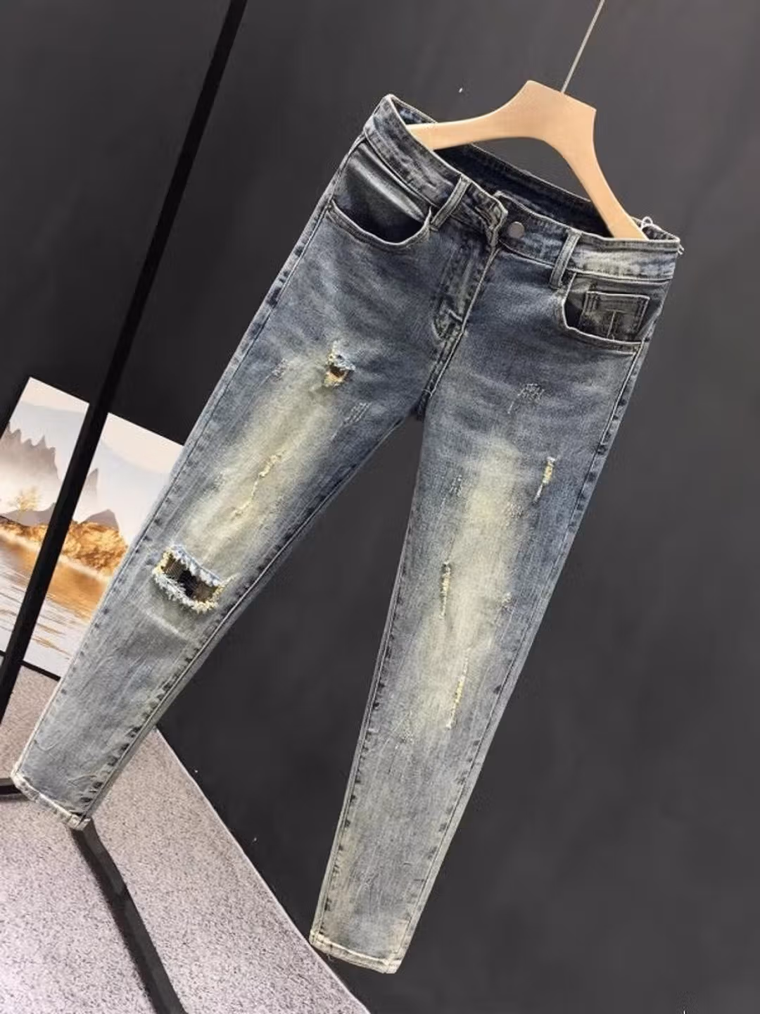 Summer Ripped Jeans Men's Korean Version Trendy Slim-fitting Pants Elastic Versatile Retro Old Casual Nine-point Pants, Main Picture Color 28_viptrois.com
