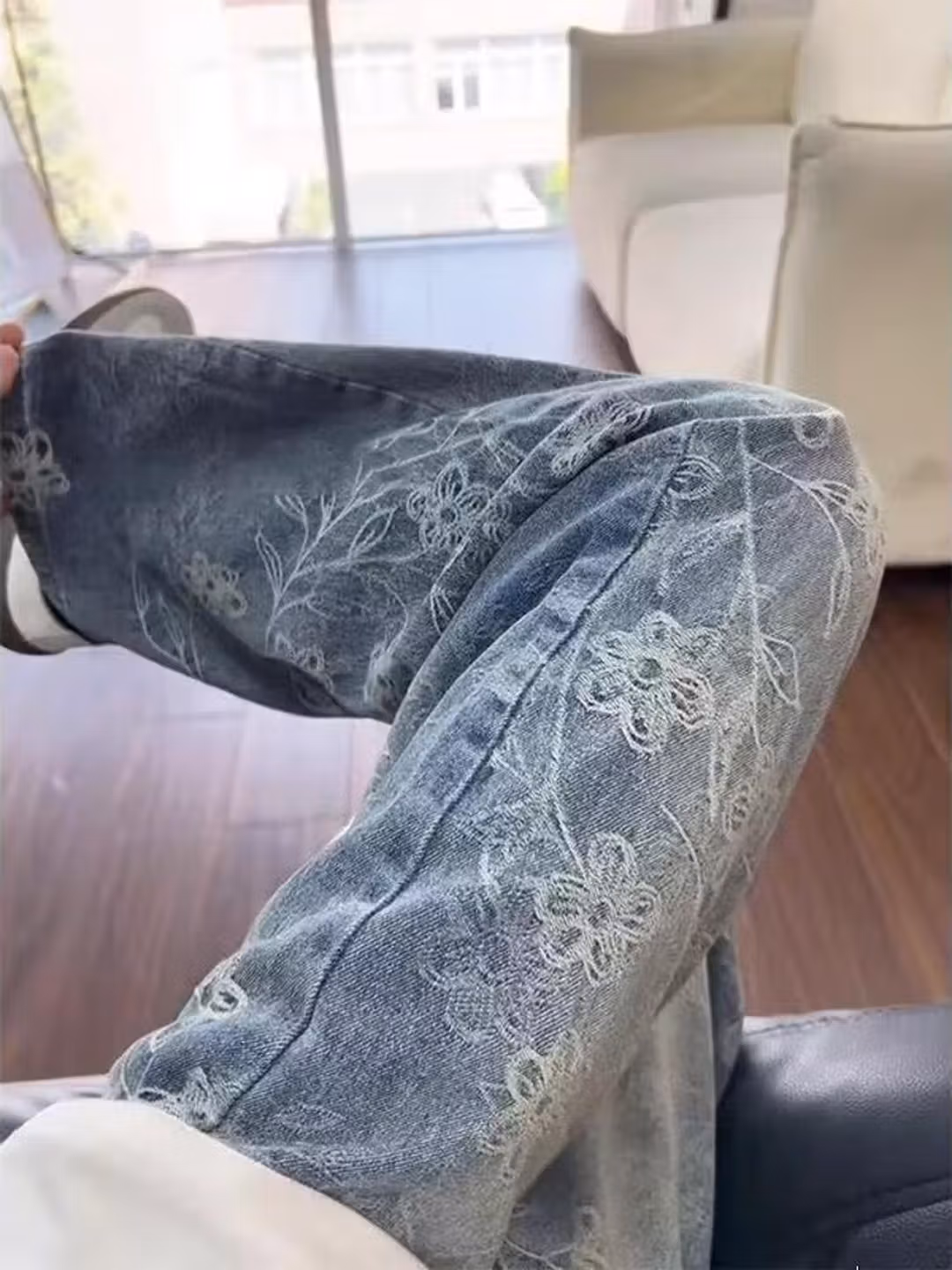 Bramble Jacquard Jeans Men's Autumn American Vintage Vibe Pants Washed Straight Casual Micro Scimitar Pants, Blue S_mkmklike.com
