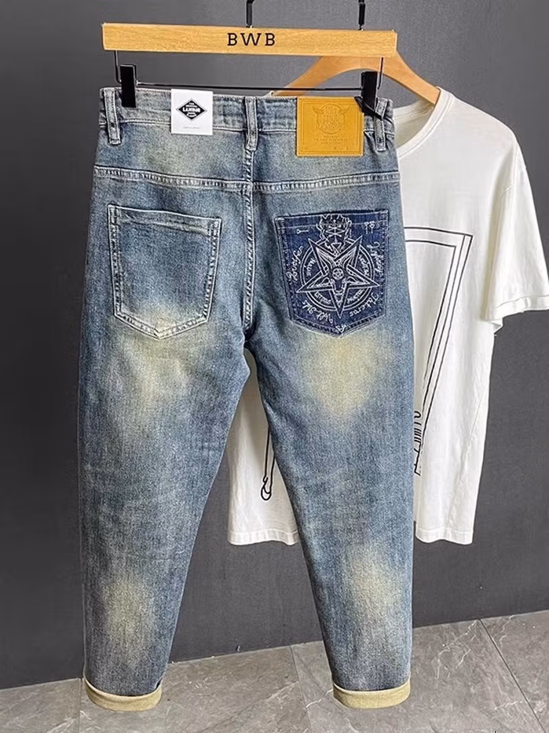 Embroidered Jeans Men's Autumn Loose Straight Nine-Point Pants American Retro Premium Casual Elastic Pants, Blue 33_mkmklike.com