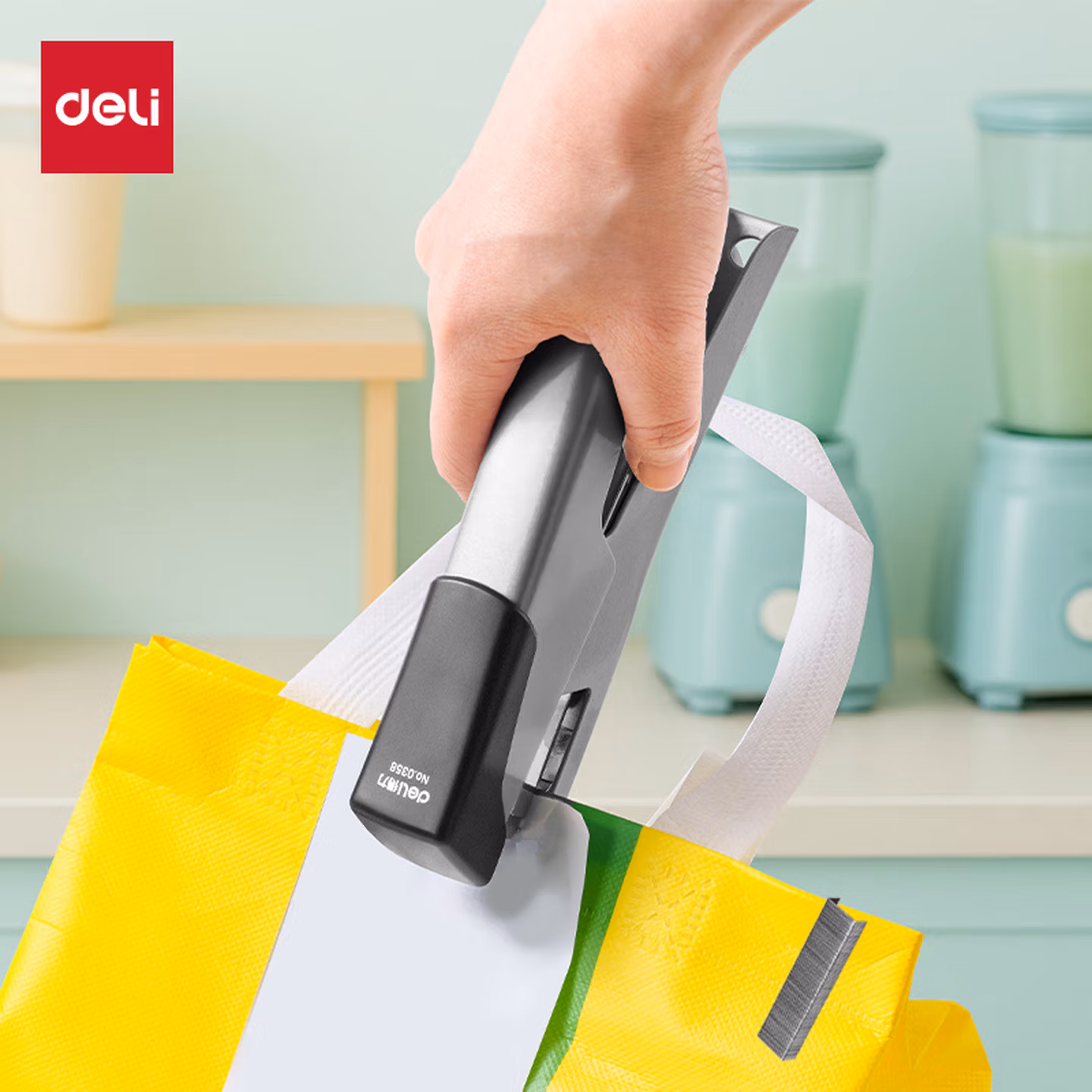 得力(deli)手握式金属质感省力订书机/订书器 外卖打包便携手持装订 弹出式钉