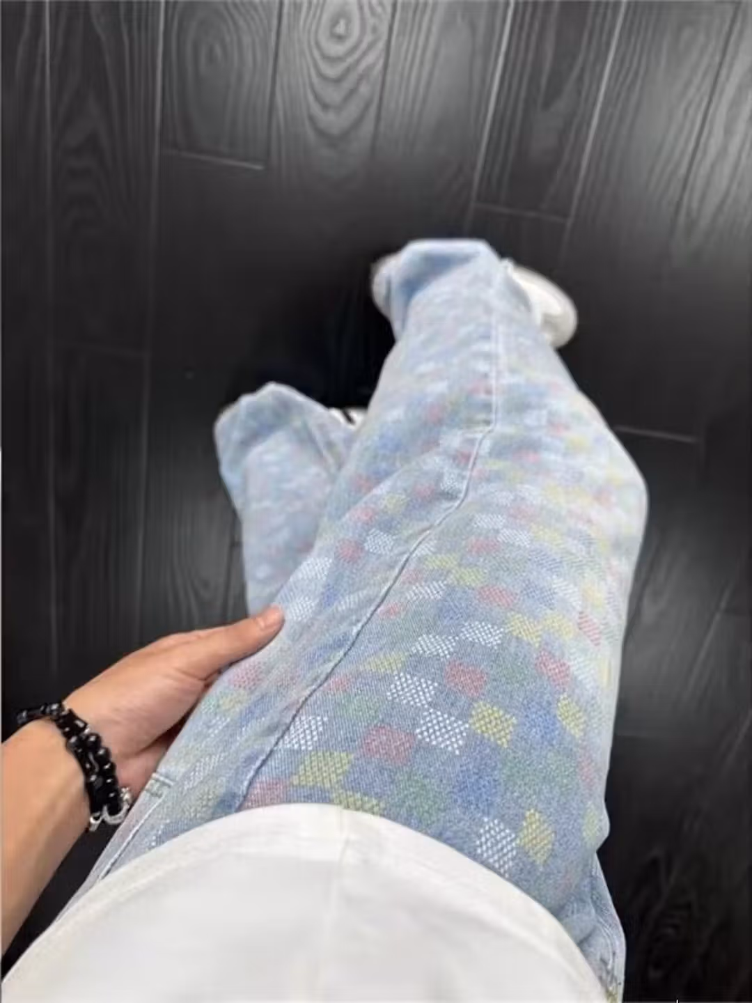 Color Plaid Jeans Men's Autumn Trend Slim-Fit Skinny Pants American High Street Straight Casual Pants, Blue S_mkmklike.com