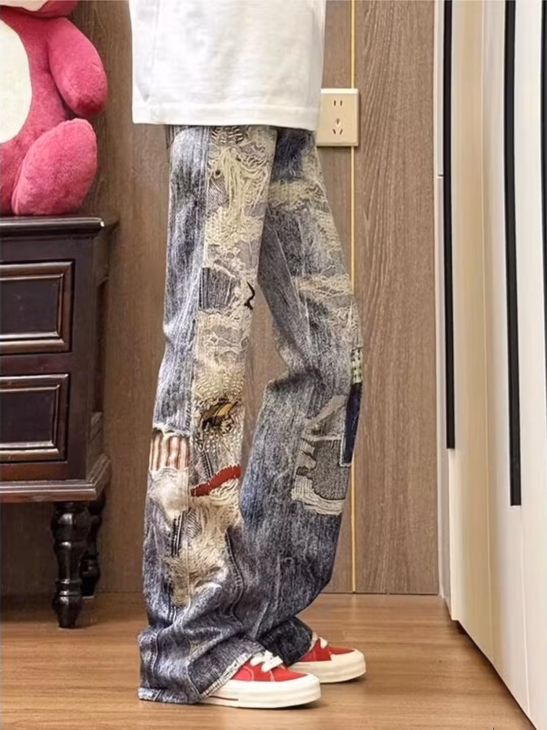 Herren Jeans Im American Retro Look Mit Print Und Geradem Schnitt_voghion.com