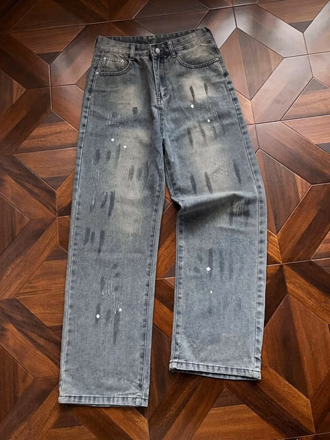 Splash Ink Dirty Jeans Men's 2026 Spring And Autumn New American High Street Casual Loose Straight Pants, Blue S_mkmklike.com