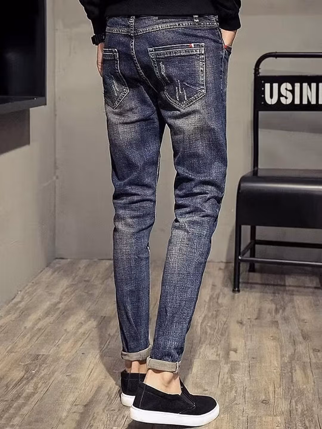 Jeans da uomo foderati in velluto slim fit pantaloni blu_voghion.com