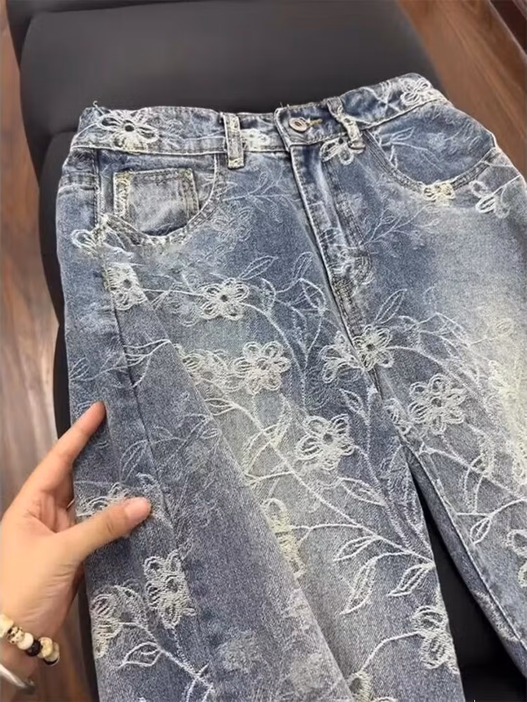 Bramble Jacquard Jeans Men's Autumn American Vintage Vibe Pants Washed Straight Casual Micro Scimitar Pants, Blue S_mkmklike.com