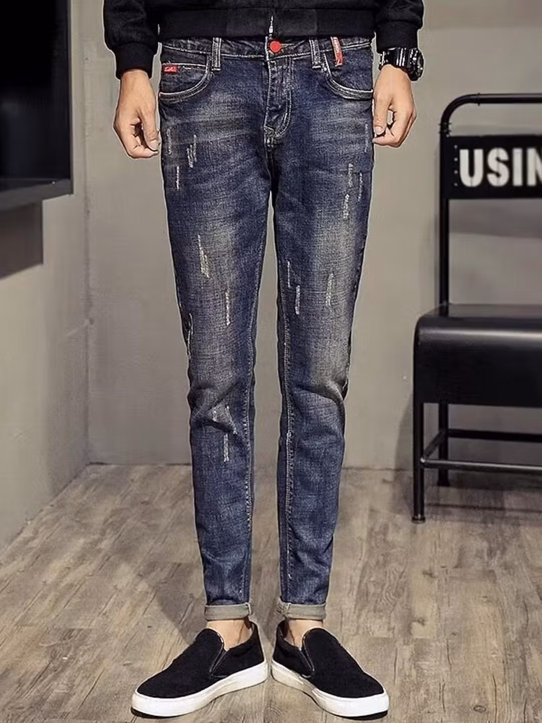 Jeans da uomo foderati in velluto slim fit pantaloni blu_voghion.com
