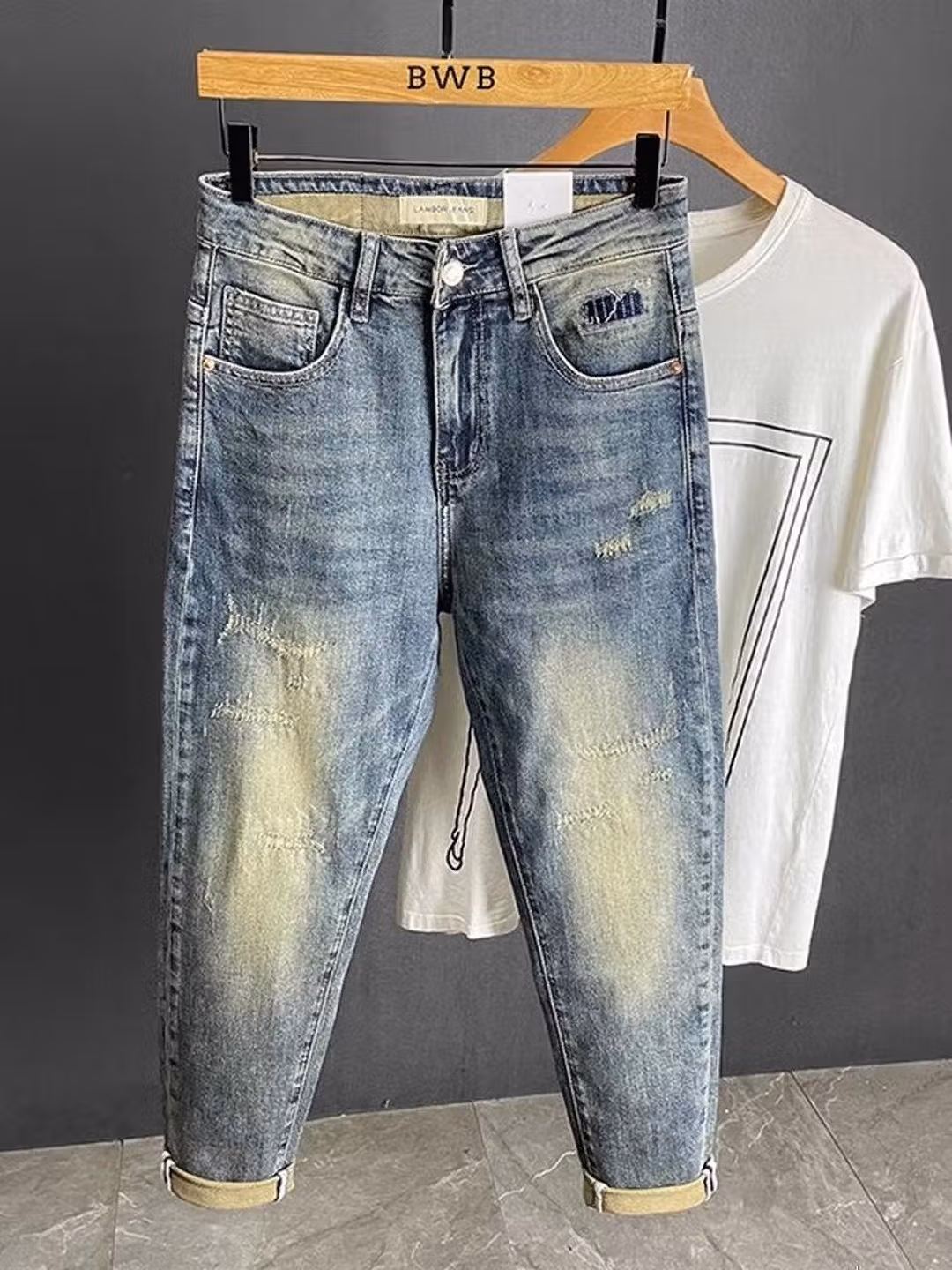 Embroidered Jeans Men's Autumn Loose Straight Nine-Point Pants American Retro Premium Casual Elastic Pants, Blue 33_mkmklike.com