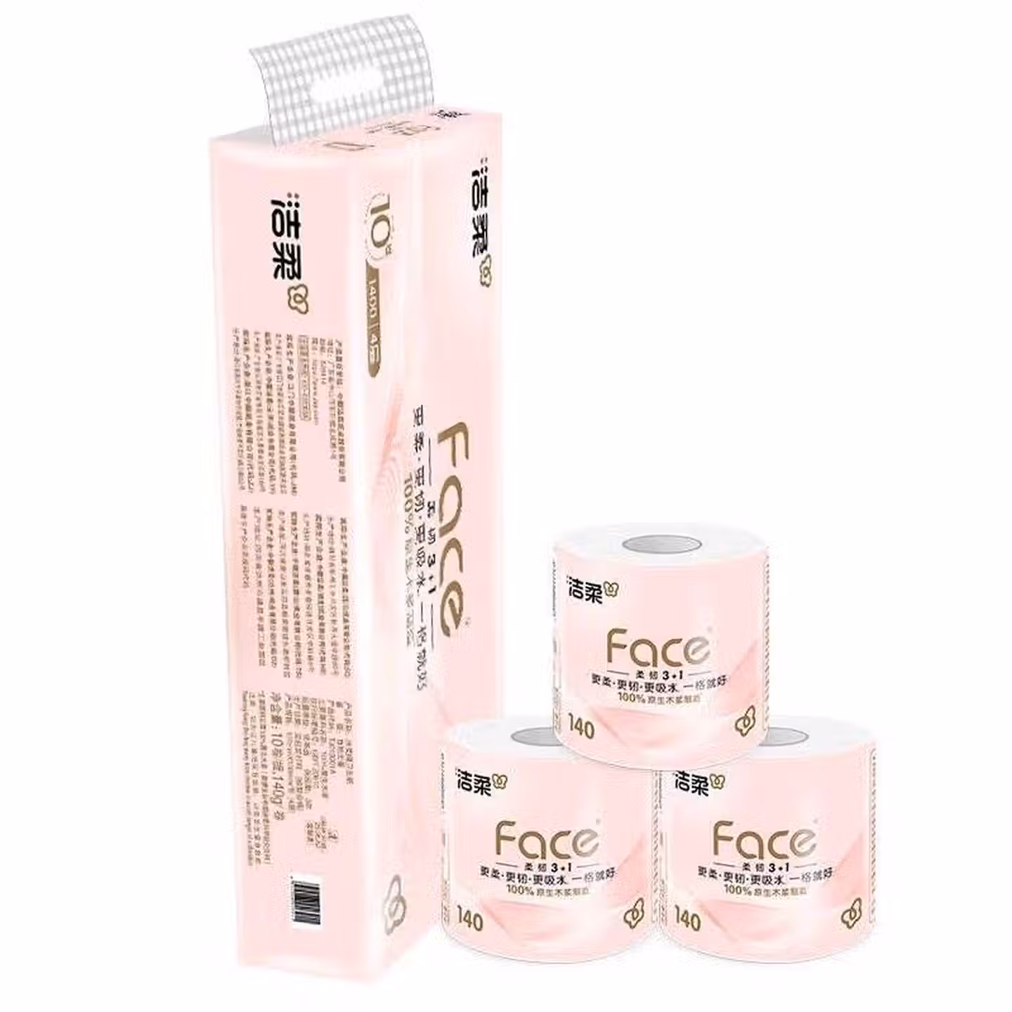 洁柔（C&S）粉Face有芯卷纸 4层加厚140克*10卷整提 家庭日用