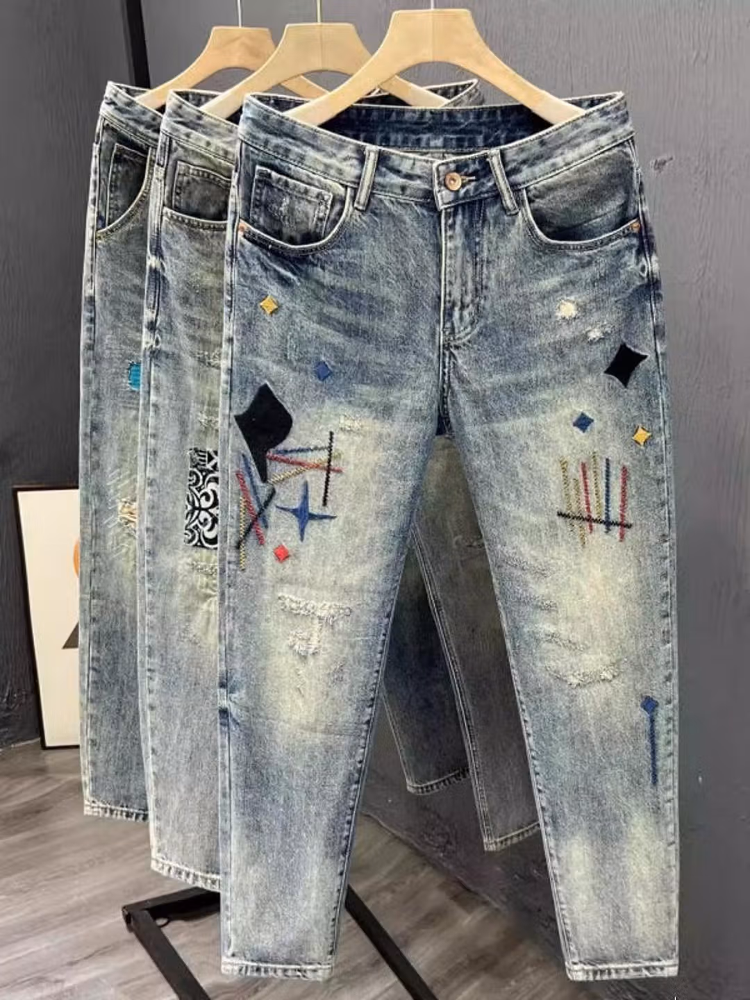 Ripped Jeans Men's Summer Trendy Brand Retro Embroidered Casual Pants Student Ruffian Handsome Straight Slim-fitting Pants, Blue 31_viptrois.com