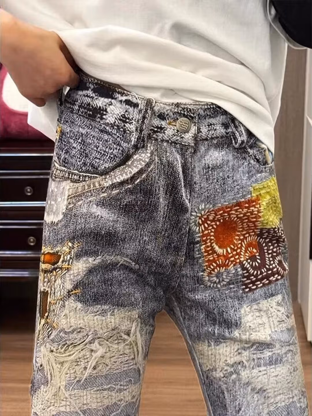 Herren Jeans Im American Retro Look Mit Print Und Geradem Schnitt_voghion.com