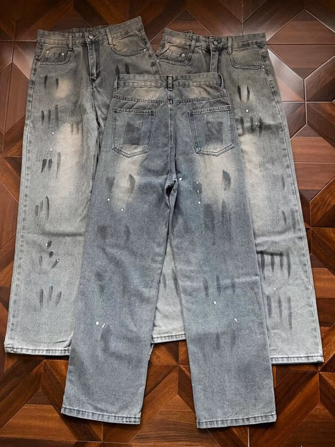 Splash Ink Dirty Jeans Men's 2026 Spring And Autumn New American High Street Casual Loose Straight Pants, Blue S_mkmklike.com