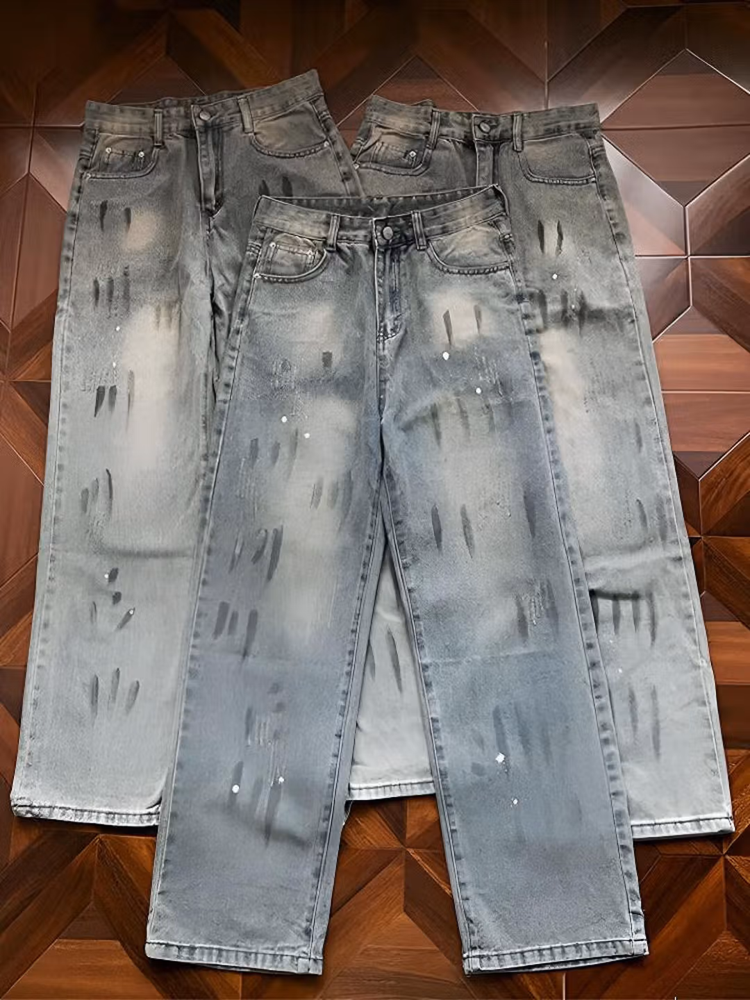 Splash Ink Dirty Jeans Men's 2026 Spring And Autumn New American High Street Casual Loose Straight Pants, Blue S_mkmklike.com