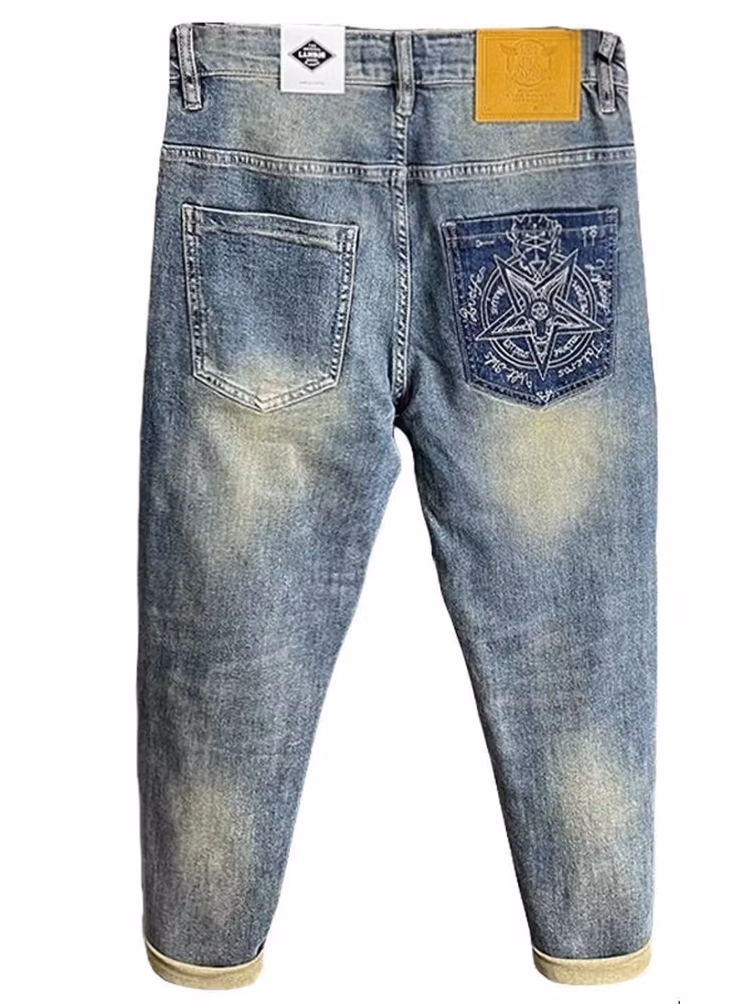 Embroidered Jeans Men's Autumn Loose Straight Nine-Point Pants American Retro Premium Casual Elastic Pants, Blue 33_mkmklike.com