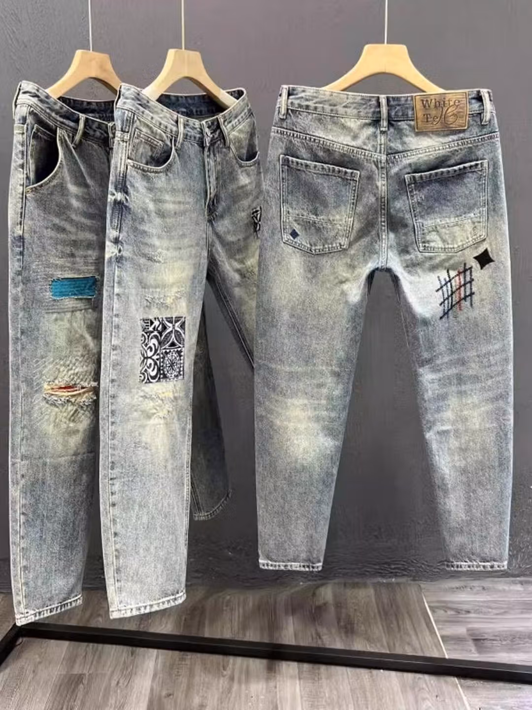 Ripped Jeans Men's Summer Trendy Brand Retro Embroidered Casual Pants Student Ruffian Handsome Straight Slim-fitting Pants, Blue 31_viptrois.com