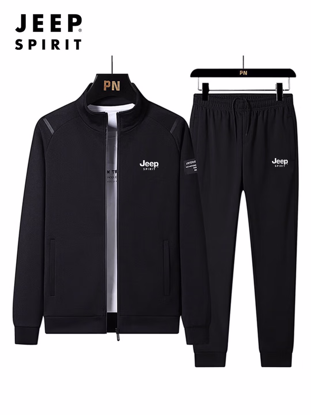 JEEP SPIRIT吉普套装男外套长裤套装春秋休闲打底衫百搭两件套 黑色 2XL