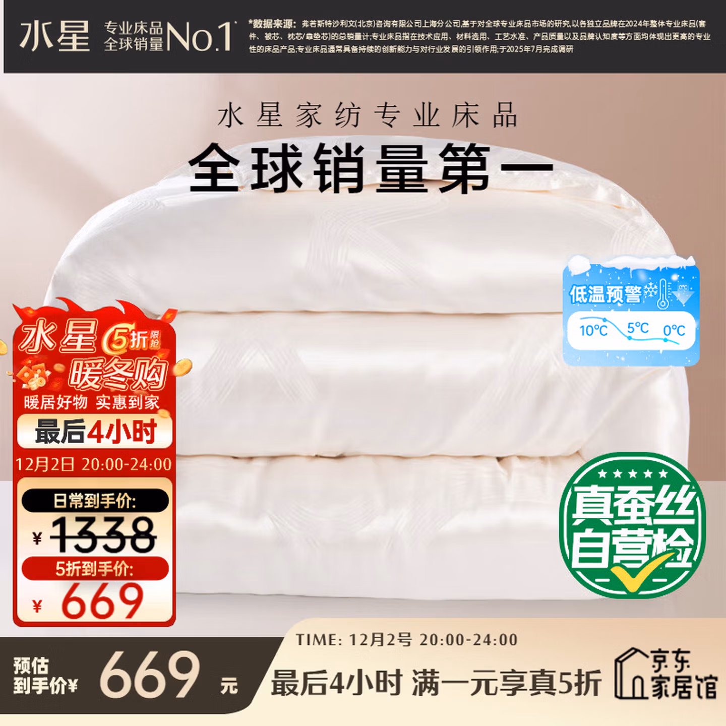 水星家纺 一览芳华 100%蚕丝冬被 约6.1斤1.5米床 京东优惠券折后￥669 2米床可选