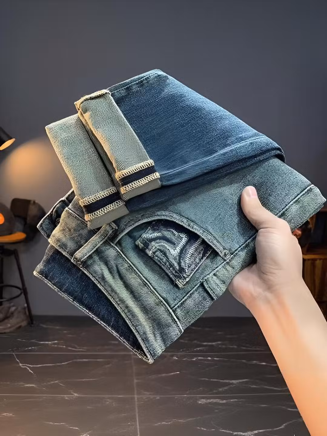 Embroidered Jeans Men's Autumn And Winter Trendy Brand Straight Slim Pants American Retro Gradual Change Of Color Prototype Casual Pants, Blue 28_viptrois.com