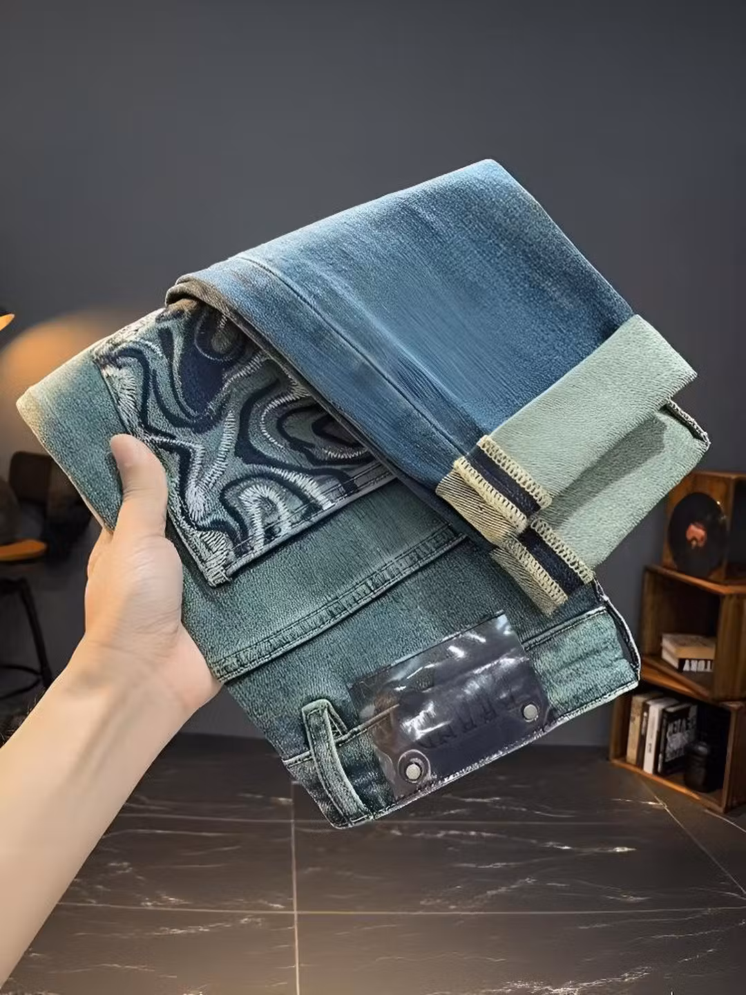 Embroidered Jeans Men's Autumn And Winter Trendy Brand Straight Slim Pants American Retro Gradual Change Of Color Prototype Casual Pants, Blue 28_viptrois.com