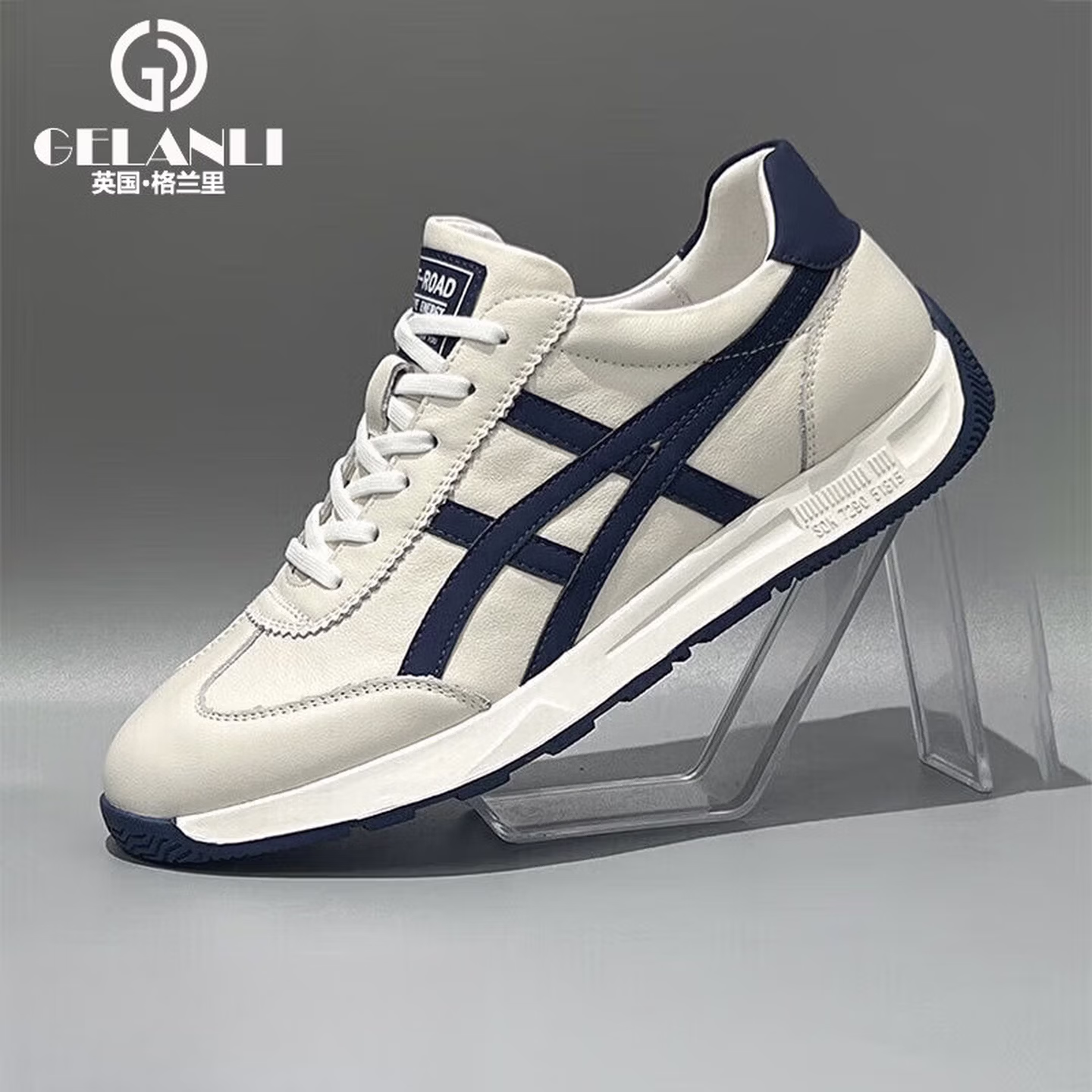 格兰里品牌轻奢头层牛皮男鞋2025秋冬季新款休闲鞋男百搭加绒运动鞋子男 白蓝-高端男鞋 42