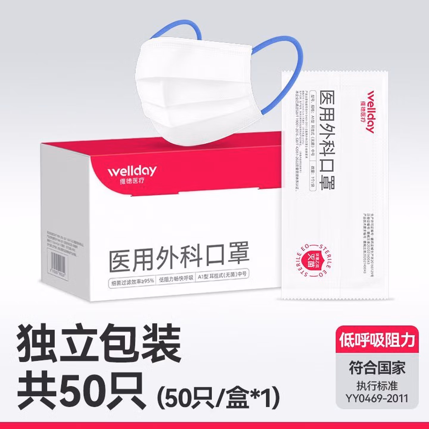 维德（WELLDAY）维德口罩wellday维德医用外科口罩低阻透气新款独立装一