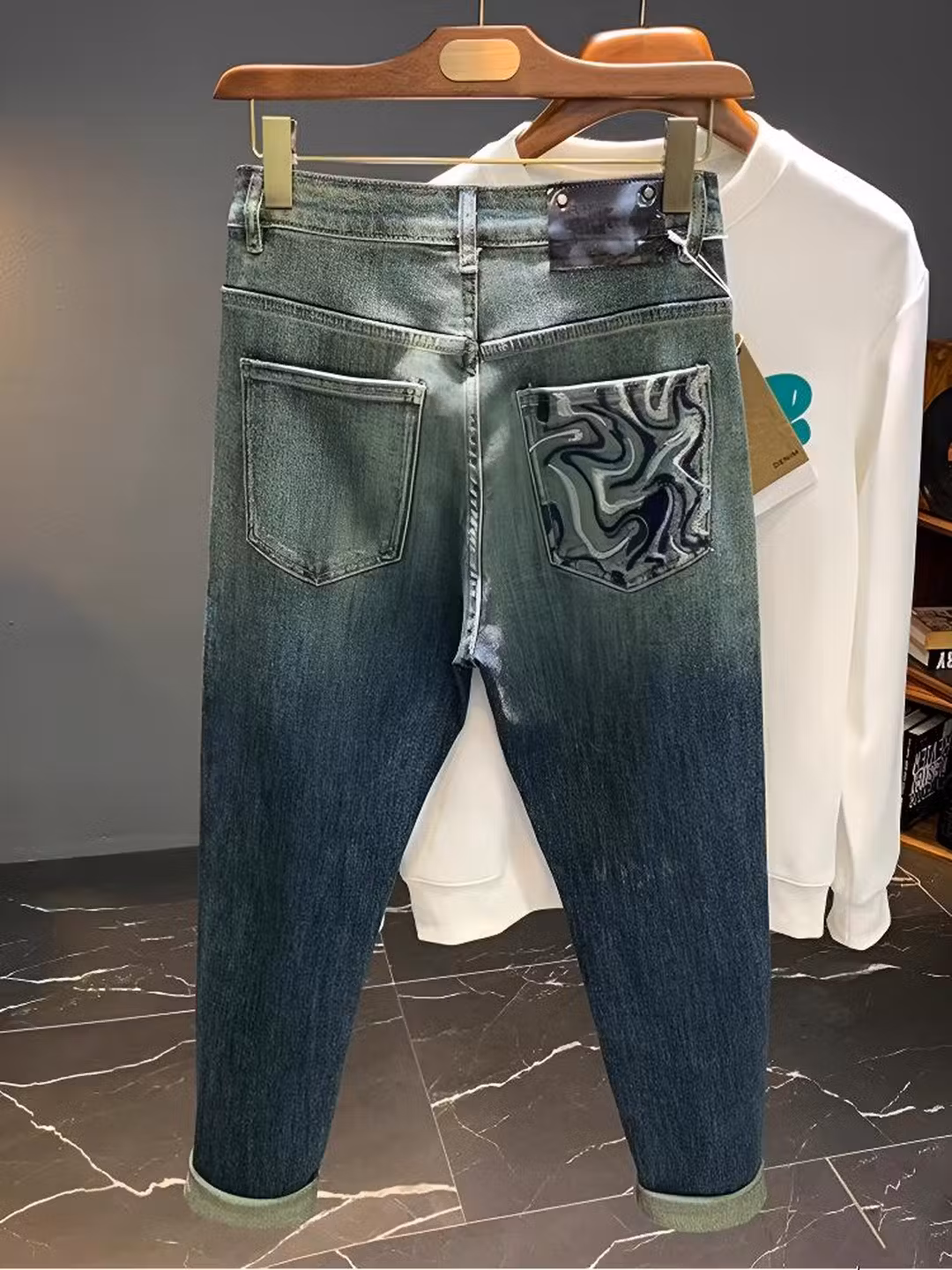Embroidered Jeans Men's Autumn And Winter Trendy Brand Straight Slim Pants American Retro Gradual Change Of Color Prototype Casual Pants, Blue 28_viptrois.com