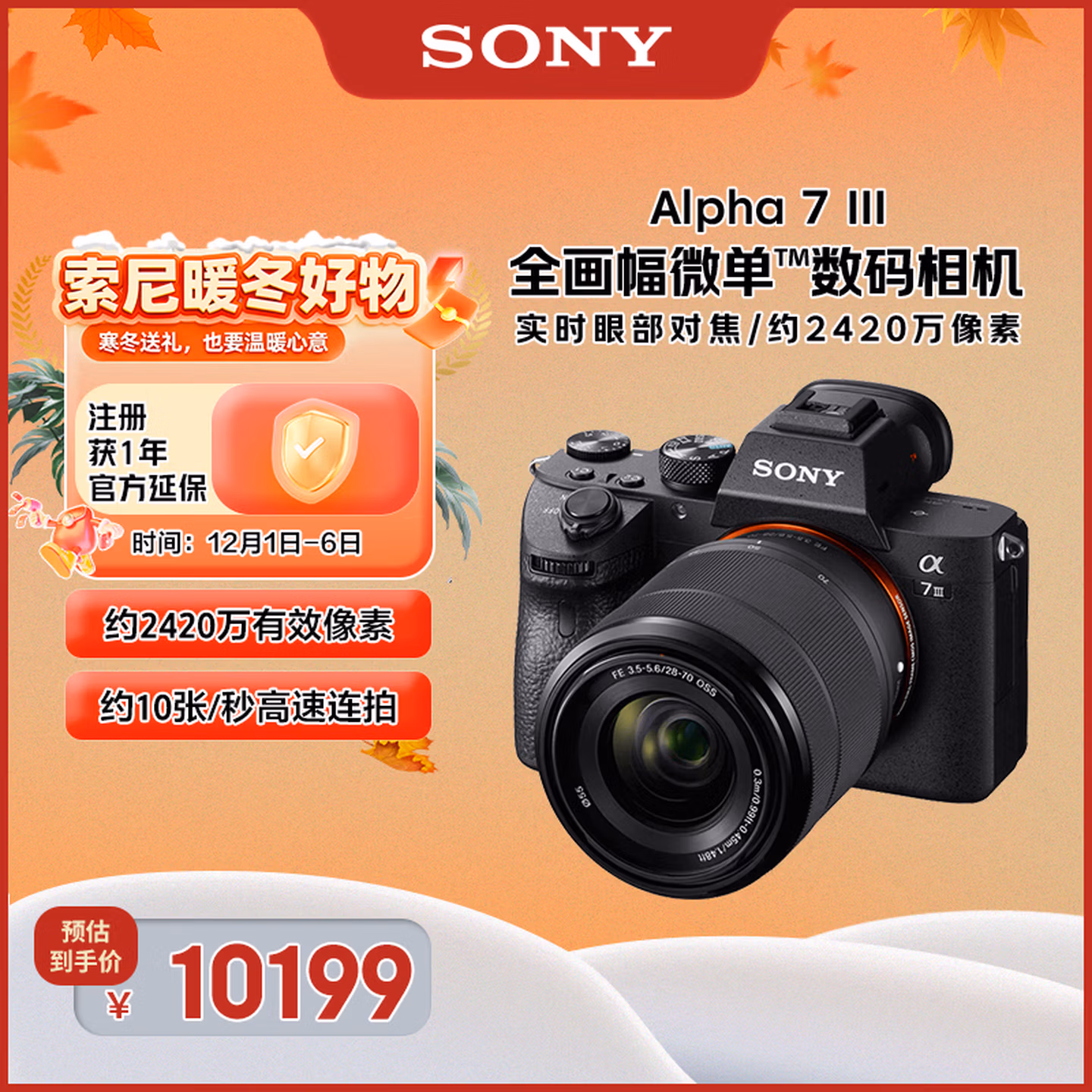 索尼（SONY）Alpha 7 III(7M3K) 微单相机全画幅标准套装（约2420万有效像素 a7M3K/A73）