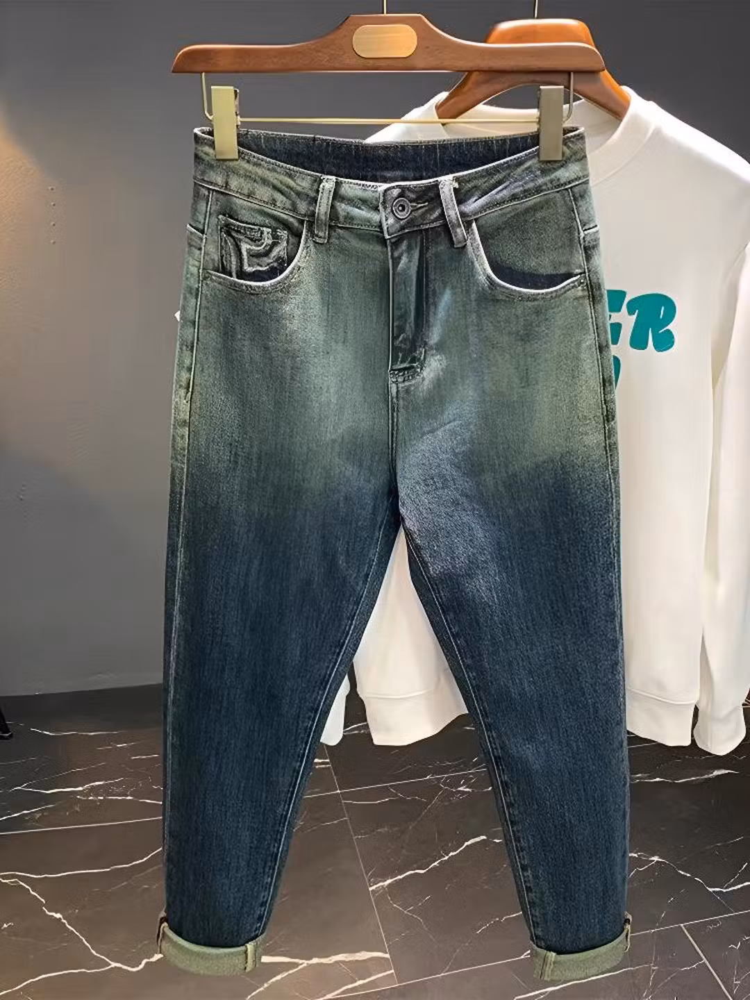Embroidered Jeans Men's Autumn And Winter Trendy Brand Straight Slim Pants American Retro Gradual Change Of Color Prototype Casual Pants, Blue 28_viptrois.com