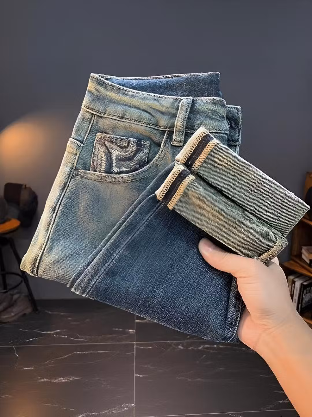 Embroidered Jeans Men's Autumn And Winter Trendy Brand Straight Slim Pants American Retro Gradual Change Of Color Prototype Casual Pants, Blue 28_viptrois.com