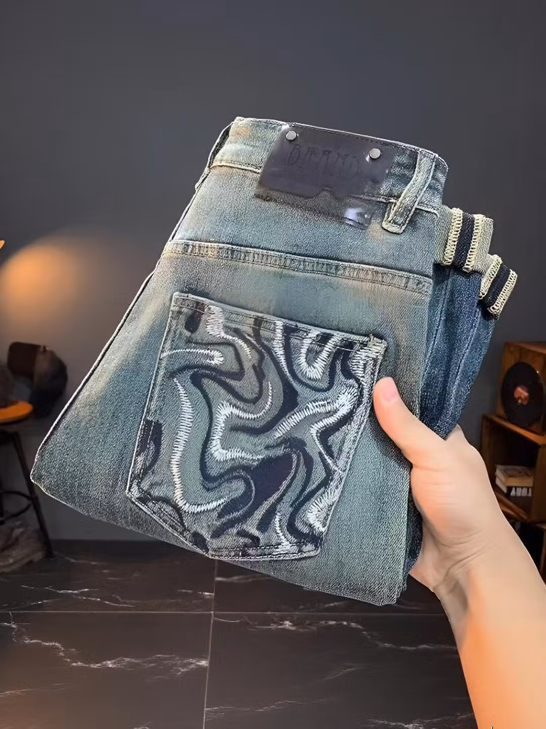 Embroidered Jeans Men's Autumn And Winter Trendy Brand Straight Slim Pants American Retro Gradual Change Of Color Prototype Casual Pants, Blue 28_viptrois.com