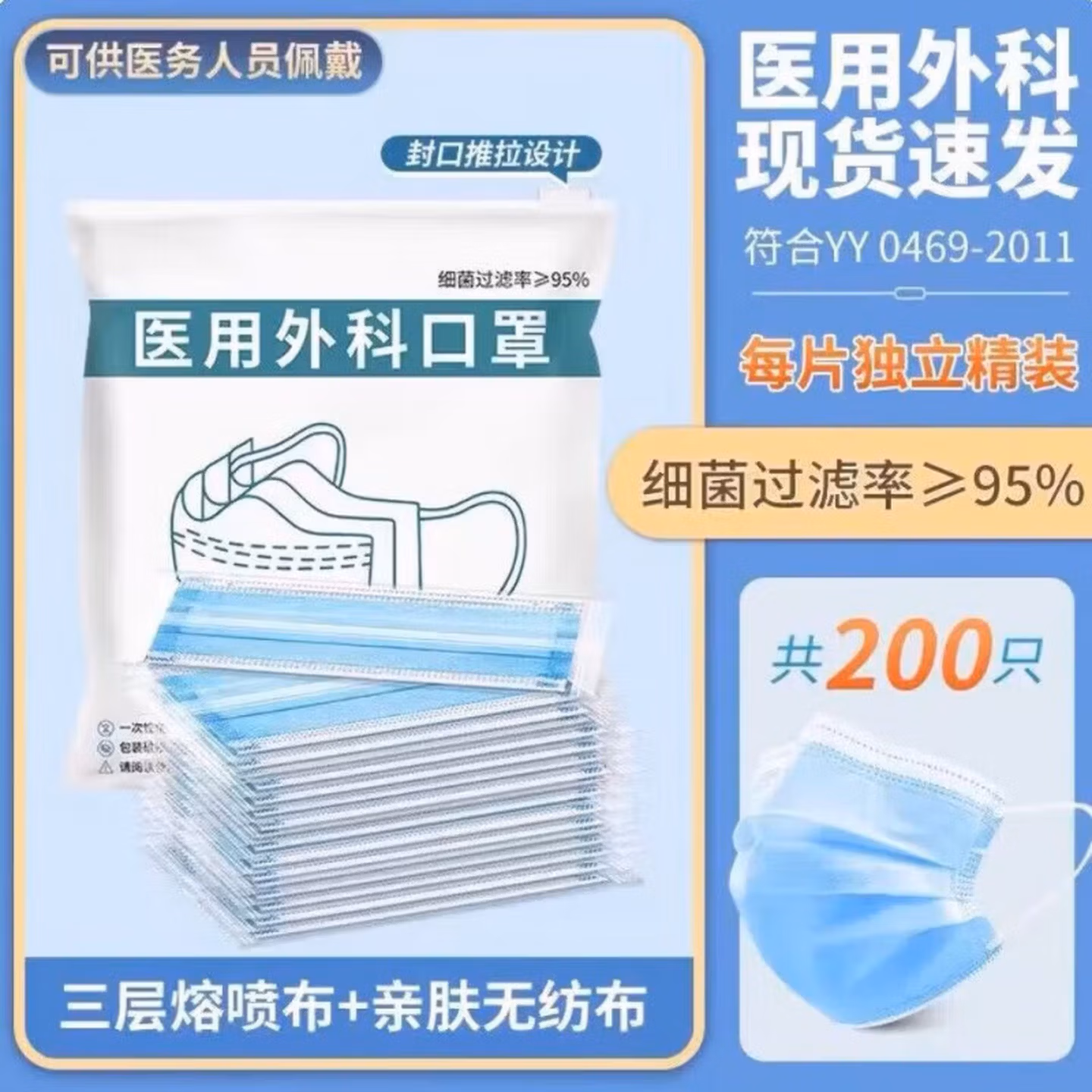 医用外科蓝色口罩一次性防病毒流感口罩三层不闷独立包装批发加厚 【蓝色口罩】100片每片独立包装#防流感病菌