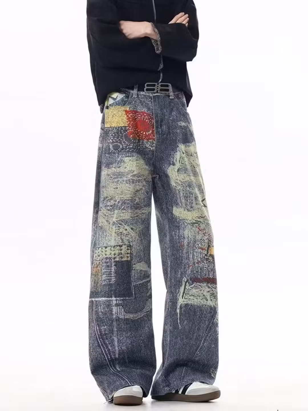 American Retro Tie-Dye Micro-Pull Jeans Herren Street Loose Niche Design Wide-Leg Casual Pants, Blau S_voghion.com