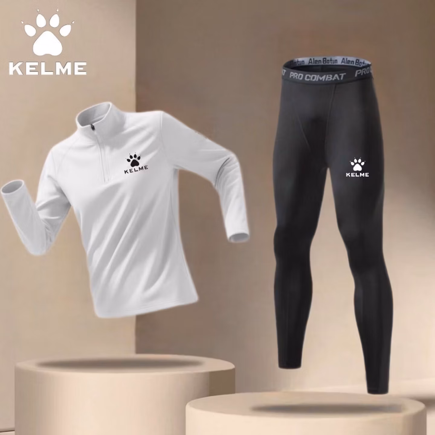 卡尔美（KELME）秋冬季户外运动跑步训练服健身高弹速干半拉链长袖紧身九分裤套装
