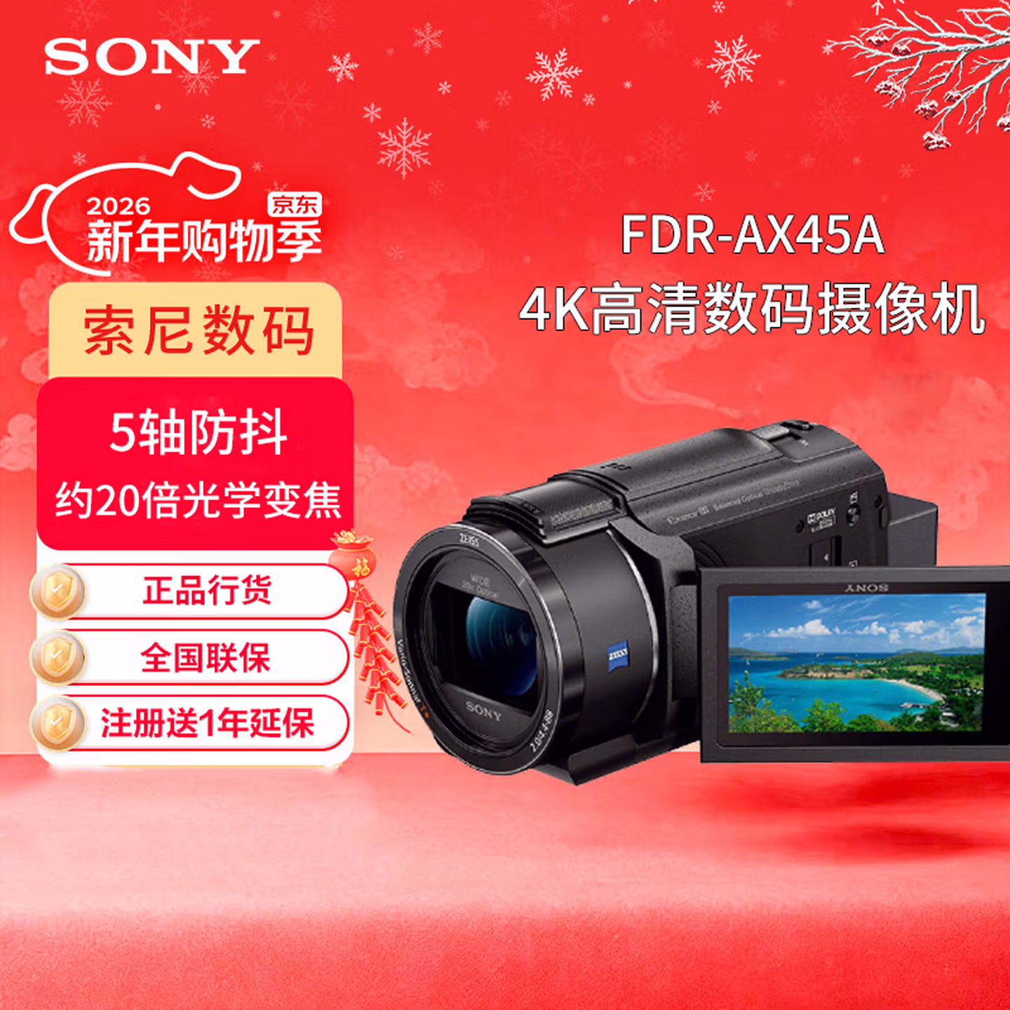 索尼（SONY）FDR-AX45A 4K高清数码摄像机 黑色 (5轴防抖 快捷编辑 约20倍光学变焦）
