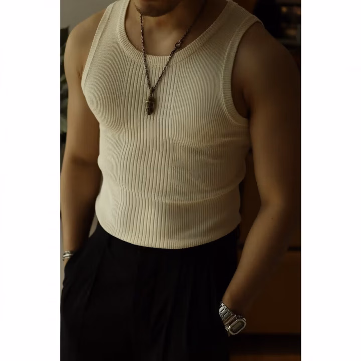 Threaded Vest Men's Wide Shoulders Slim Fit Tight Sports Fitness Solid Color Cotton Backing Sleeveless T-shirt Summer Vest Tide,Black [high Quality] L_viptrois.com