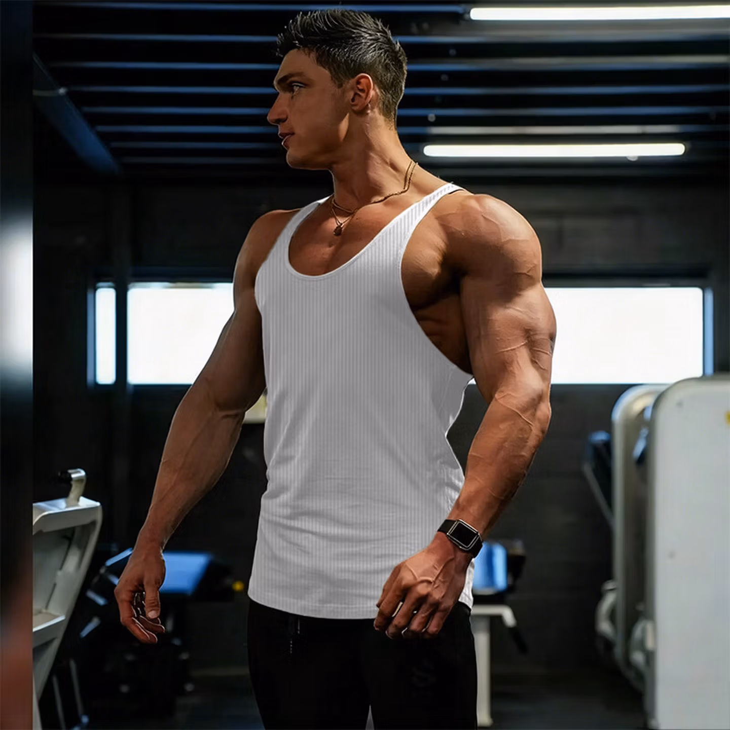 American Fitness Men's Muscle Loose Breathable Fitness Summer Vest Basketball Sports Sleeveless Bottom Shirt I-K153-White +Black Regular 3XL 180-100kg_viptrois.com