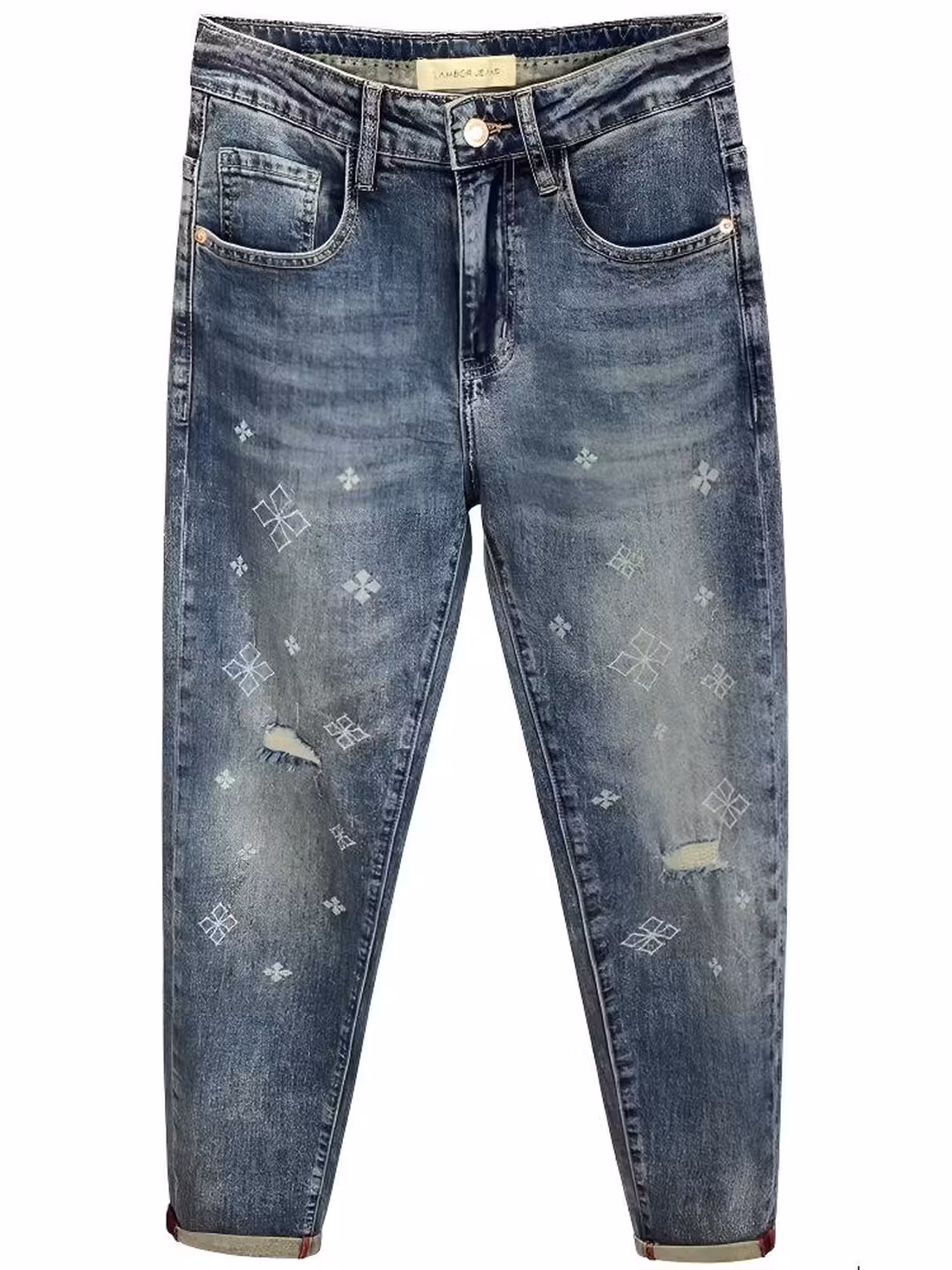 Scratched Ripped Jeans Men's Summer Thin Retro Old Slim-fitting Pants Trendy Brand Printed Nine-point Pants, Blue 29_viptrois.com