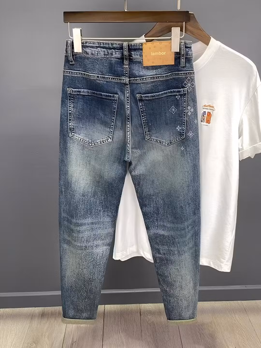 Scratched Ripped Jeans Men's Summer Thin Retro Old Slim-fitting Pants Trendy Brand Printed Nine-point Pants, Blue 29_viptrois.com
